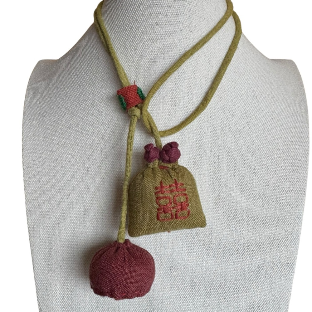 Linen Fabric Lotus Flower Pendant Handmade Embroidered Money Bag Style Necklace